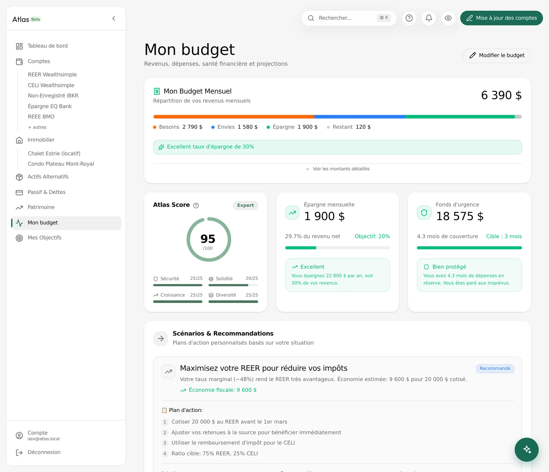 L'écran Mon budget avec le score Atlas et les recommandations