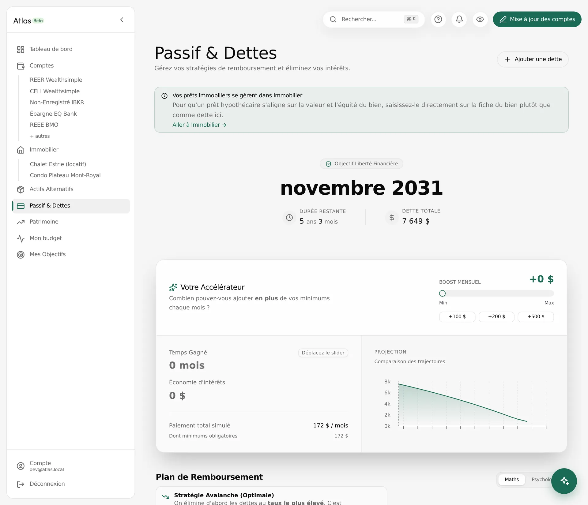 La page Passifs avec le curseur de remboursement et son graphique de projection