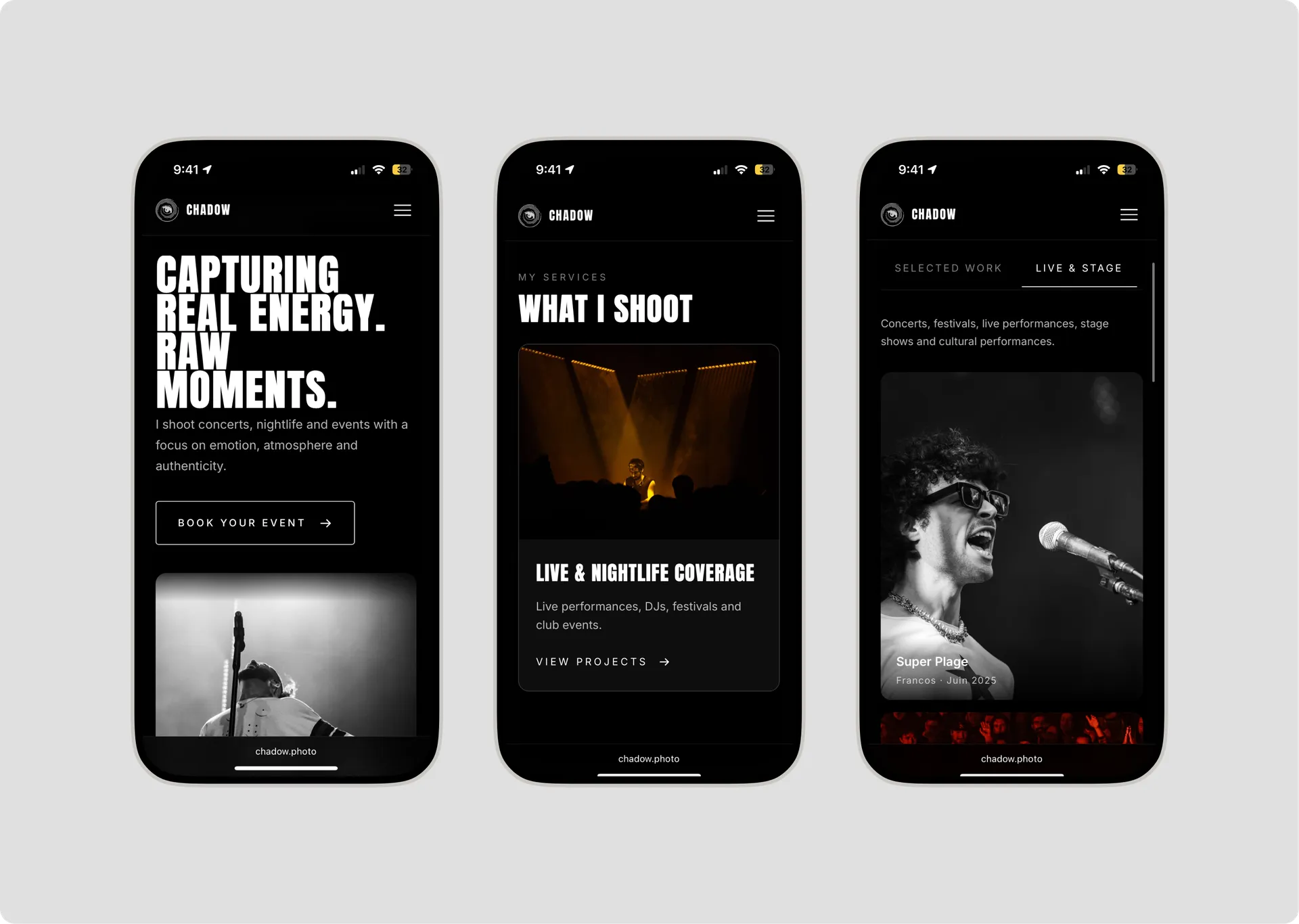 Chadow on mobile — home, services and work pages
